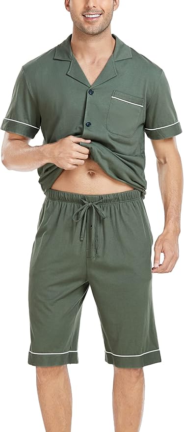 COLORFULLEAF Men's 100% Cotton Short Sleeve Pajama Sets Button Down Notched Collar Sleepwear Soft Lounge Pjs with Pockets