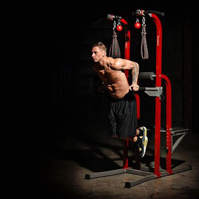 Stamina Power Tower - Dip Bar Pull Up Bar Station with Smart Workout App - Dip Bars for Home Workout - Up to 250 lbs Weight Capacity
