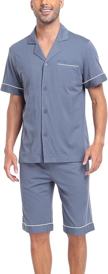 COLORFULLEAF Men's 100% Cotton Short Sleeve Pajama Sets Button Down Notched Collar Sleepwear Soft Lounge Pjs with Pockets