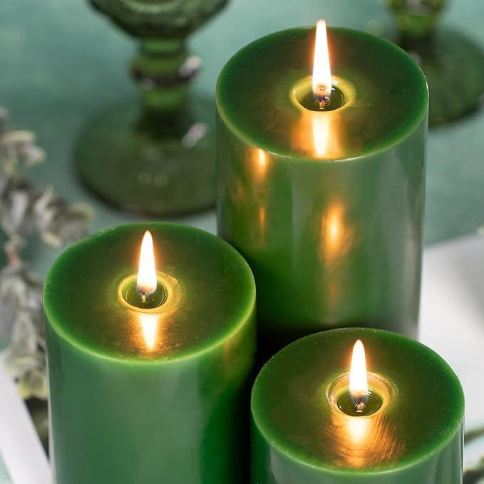 KONNI Navy Green Pillar Candles Set of 3, 3"x 6" Unscented Pillar Candles Bulk, 56 Hours Long Burning Candles, Smokeless&Dripless Large Round Candle for Wedding, Home Decoration, Parties, Spas, Dinner