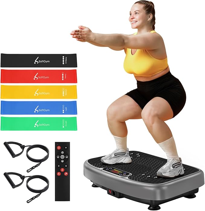 SoftGym Vibration Plate Exercise Machine for Lymphatic Drainage,Power Vibrate Stand Shake Board 450 Lbs Capacity Whole Body Workout Waver with Fitness Resistance Bands Weight Loss Gifts for Women Men