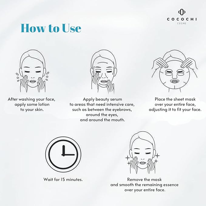 COCOCHI 5 Sheet 2-STEP Facial Mask Sheet for Dry, Sensitive Skin for Women with Vitamin C Serum, Face Sheet Mask by Collagen, Ceramide & Peptide, Hydrating Face Mask from Japan, AG Ultimate OCEAN