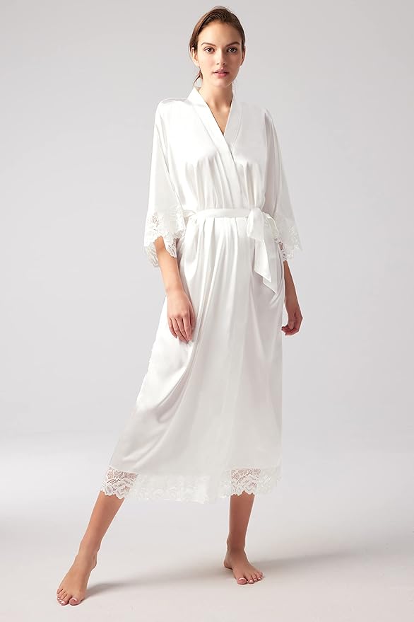 BABEYOND Satin Kimono Robe Silky Long Bridesmaid Wedding Lightweight Bath Robe with Lace Trim