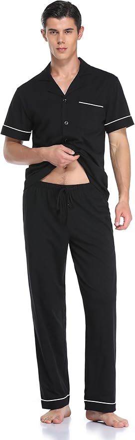 COLORFULLEAF Men's 100% Cotton Pajamas Set Button Down Sleepwear Short Sleeve and Long Pants Pjs