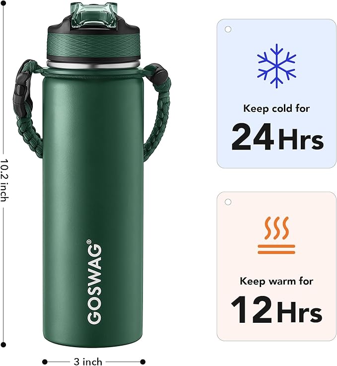 GOSWAG Insulated Sports Water Bottle, 24oz 2 Lids(with Straw/No Straw), Stainless Steel Water Bottles with Paracord Handle, Insulated Bottle with Double-Wall Vacuum Insulation