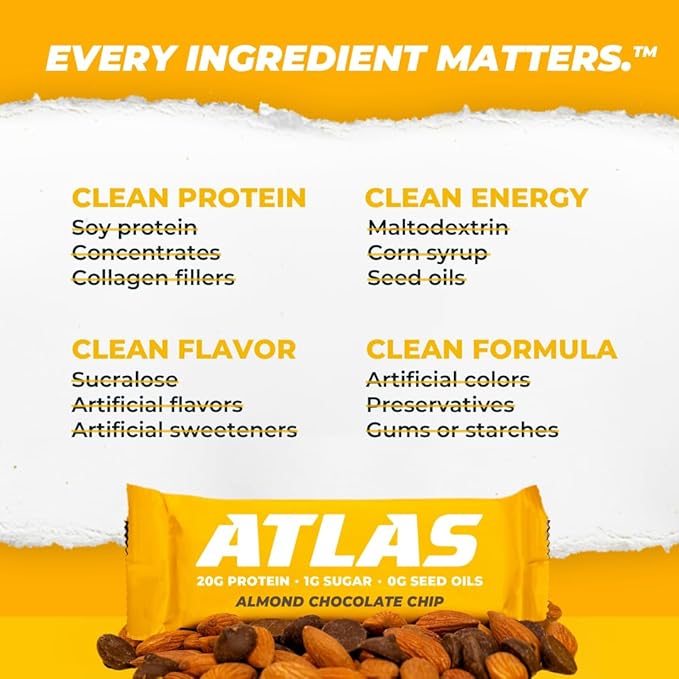 Atlas Protein Bar – 20g Clean Protein, 1g Natural Sugar, No Seed Oils, Gluten Free, No Artificial Sweeteners - Almond Chocolate Chip 24 Count