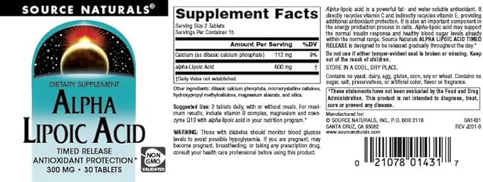 Source Naturals Alpha Lipoic Acid - Supports Healthy Sugar Metabolism, Liver Function & Energy Generation*, 300mg - 30 Time Release Tablets