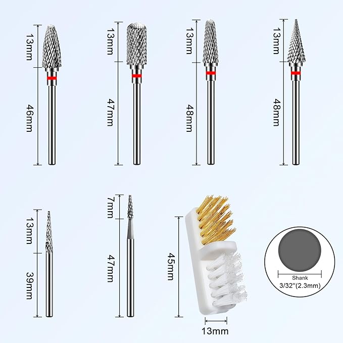 Diesisa 6 Pack Nail Drill Bits for Acrylic Nails, 3/32"" Shank Drill Bits for Nails, Professional Electric Cuticle Bit for Nail Drill, Cuticle Cleaner Nail Gel Polish Remover Tool for Home Salon-Red