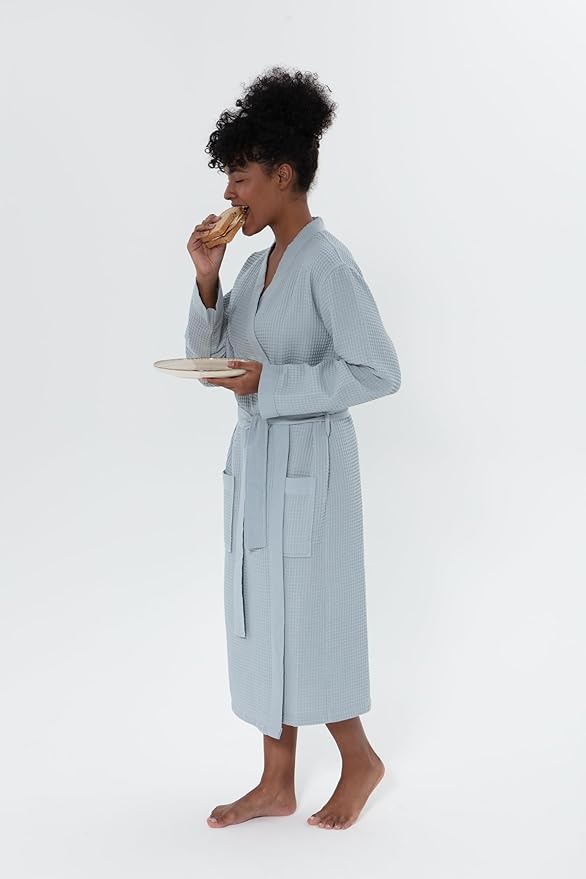 SEYANTE Women’s Luxury Waffle Shawl Collar, Hooded Robe w Piping – Lightweight, Long, Ultra Soft Spa Sleepwear Bathrobe