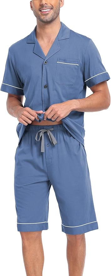 COLORFULLEAF Men's 100% Cotton Short Sleeve Pajama Sets Button Down Notched Collar Sleepwear Soft Lounge Pjs with Pockets