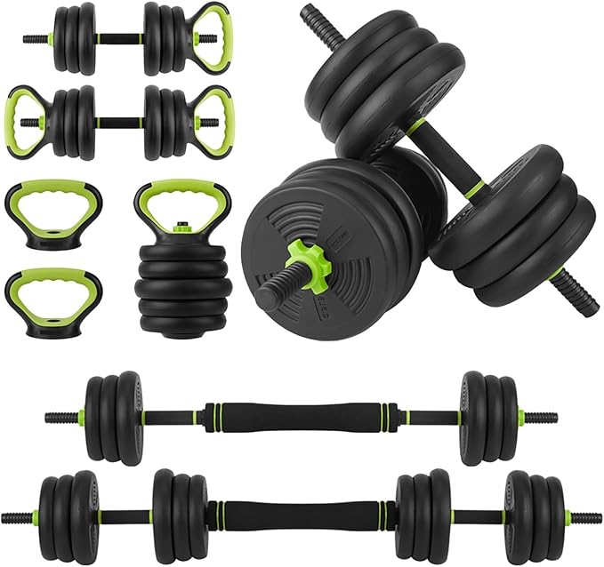 Adjustable Dumbbell Set, 30/44/66/88Lbs Free Weight Set with Connector, 4 In1 Dumbbells Set Used As Barbell, Kettlebells, Push Up Stand,Green and Black