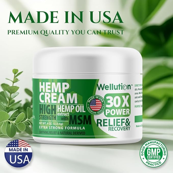 WELLUTION Hemp Cream x30 MSM – Extra Strength Hemp Seed Oil Massage Cream with Arnica & Menthol – Fast-Absorbing, Non-Greasy Formula for Everyday Relief & Mobility – 4 oz.