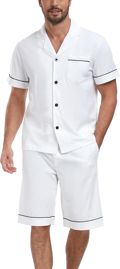 COLORFULLEAF Men's 100% Cotton Short Sleeve Pajama Sets Button Down Notched Collar Sleepwear Soft Lounge Pjs with Pockets