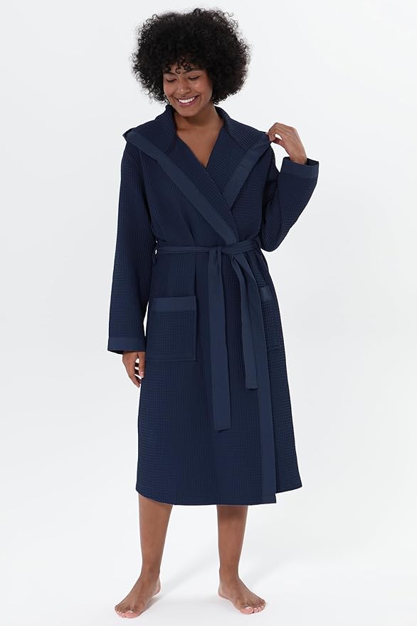 SEYANTE Women’s Luxury Waffle Shawl Collar, Hooded Robe w Piping – Lightweight, Long, Ultra Soft Spa Sleepwear Bathrobe