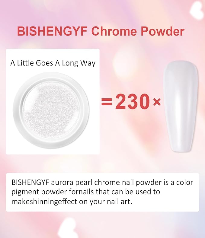 Gold Chrome Nail Powder BISHENGYF -【Magic Mirror Effect】 Pearl Chrome Nail Powder White Clear Aurora Mermaid Iridescent Silver Nail Chrome Powder Pigment Glitter Dust for Manicure Decroation DIY