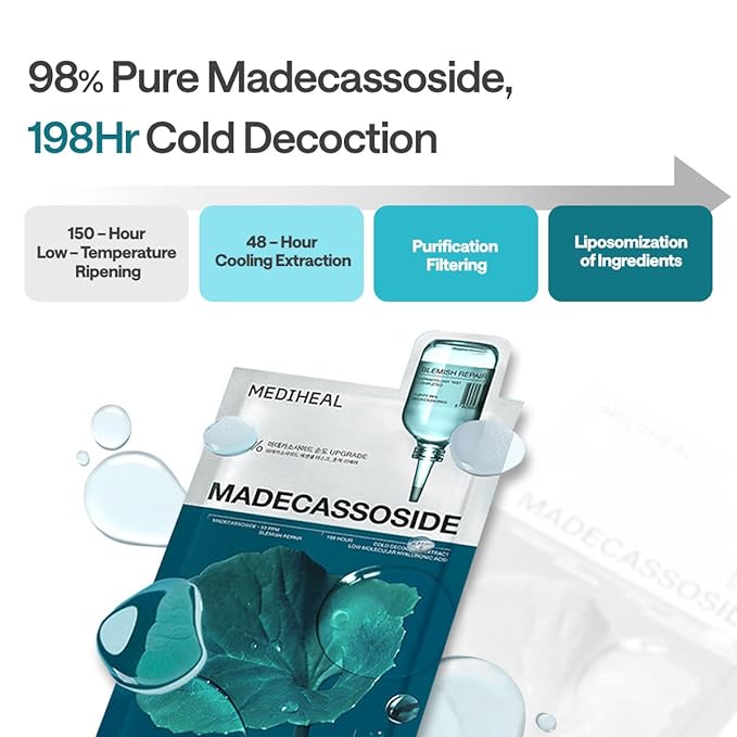 Mediheal Essential Mask (10pcs, Madecassoside) 98% Purity Madecassoside & Hyaluronic Acid Included. Enhancing Moisture Barrier & Skin Texture Care. Vegan Formula Sheet Mask