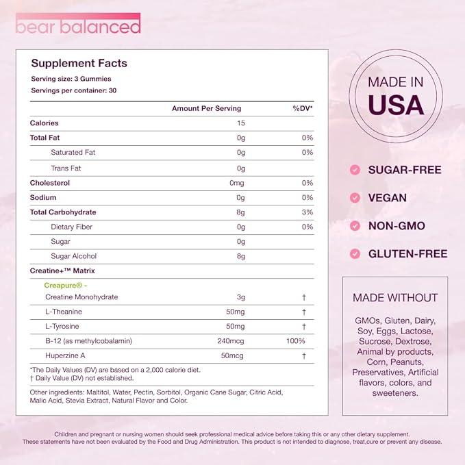 Bear Balanced Creatine Gummies for Men & Women - Creapure® Creatine Monohydrate, L-Theanine, L-Tyrosine & B12 for Muscle Growth, Strength, Focus, Energy & Health - Low Calorie, Sugar-Free, & Vegan
