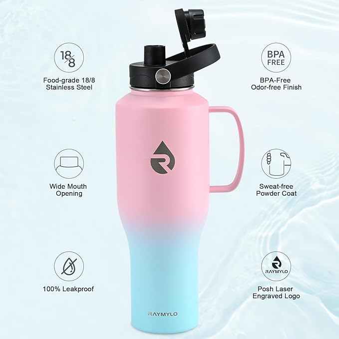 Insulated Water Bottle 40oz (Cold for 48 Hrs), Stainless Steel Water Bottle with Handle & Straw Lid & Paracord Handle, Triple Wall Vacuum Leakproof Travel Flask, Fit in Any Car Cup Holder