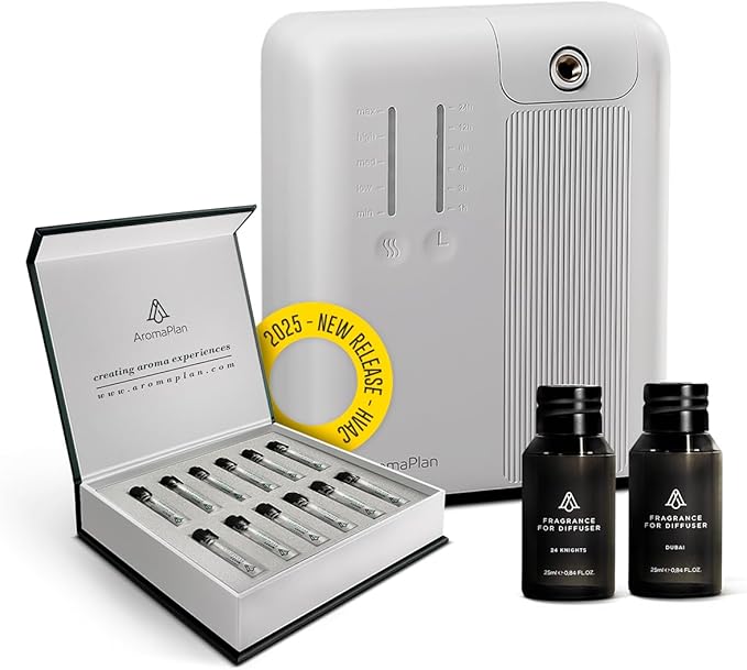AromaPlan 2025 Waterless, Cold Air HVAC Scent Diffuser Whole House & Commercial Diffuser (Includes 2 Fragrances & 12 Set Sample kit) - Smart Scent Diffuser- Touch & App, 2000 Sq. Ft Cov. (White)