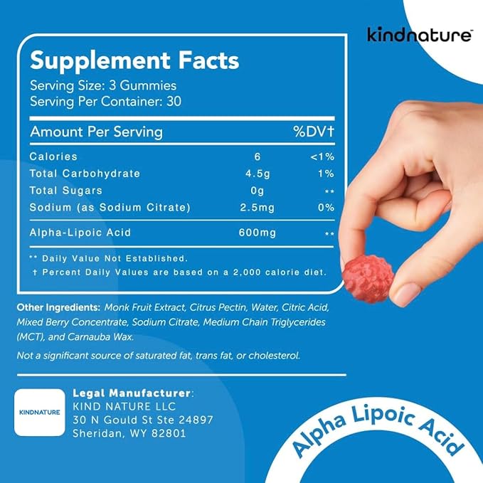 kindnature Alpha Lipoic Acid Gummies - Neuropathy Supplements - Vegan, Sugar-Free, Low Calorie 600 mg ALA Supplement - Pure ALA Alpha Lipoic Acid 600mg for Antioxidant Nutritional Supplements