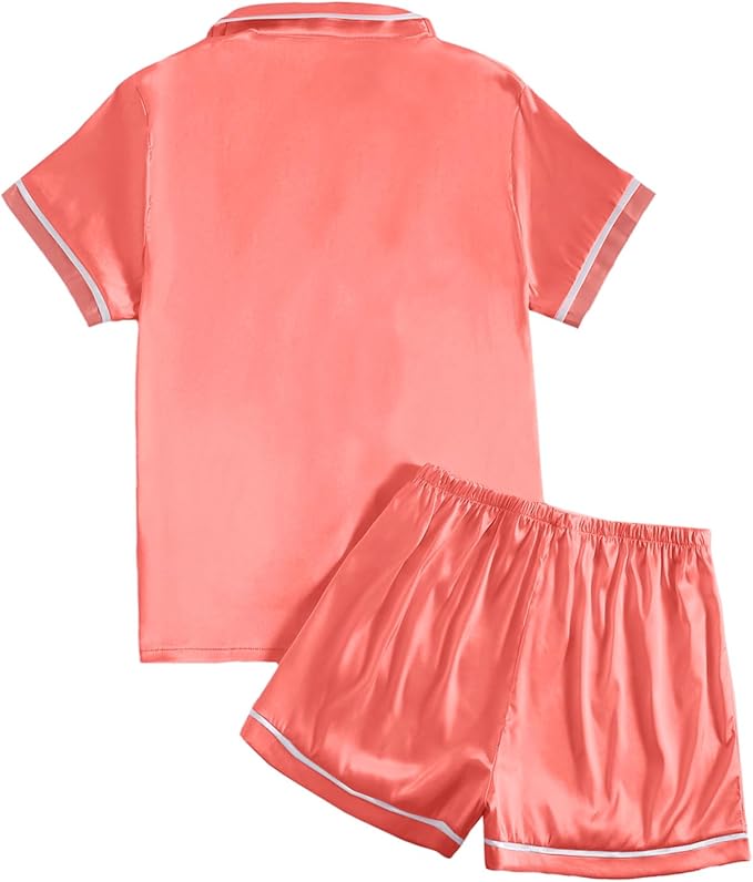 LYANER Women's Satin Silky Short Sleeve Button Shirt Sleepwear 2Piece Pajama Set