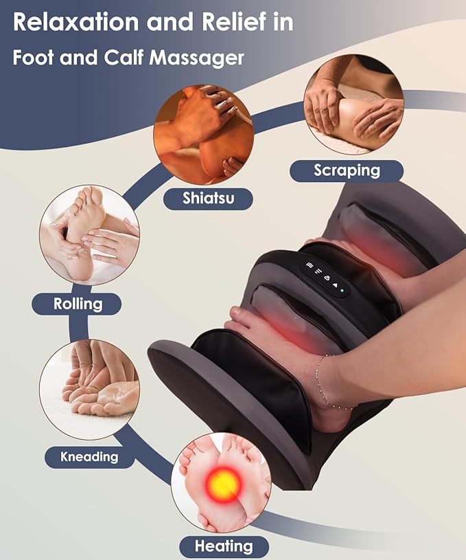 Foot Calf Massager with Heat, Air Bag,Shiatsu Feet Massagers Machine with Massage Roller,Auto-Off Timers - Deep Kneading Relief (Black)
