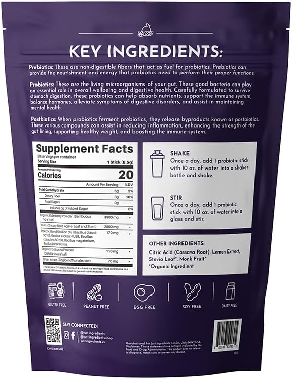 Elderberry Lemonade 3‑In‑1 Probiotic Complex – 30‑Stick Drink Mix with Prebiotics, Probiotics & Postbiotics – 5 Billion CFU Spore Strains + Lemon Extract – Immune, Gut & Digestive Support
