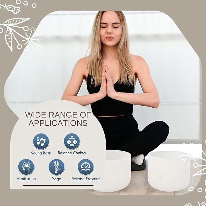 7-11inch 432hz Quartz Crystal Singing Bowls Set of 3 White, for Healing Mindfulness Meditation Yoga Sound Baths with Case Mallet Suede Striker
