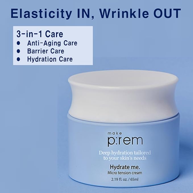 MAKE P:REM Hydrate Me. Micro Tension Cream, Moisturizing Watery Gel Type, Non-Sticky Finish Hydrating Facial Cream for Dry, Sensitive, Oily, Acne-prone Skin, Korean Skin Care, 2.19 fl oz, 65ml