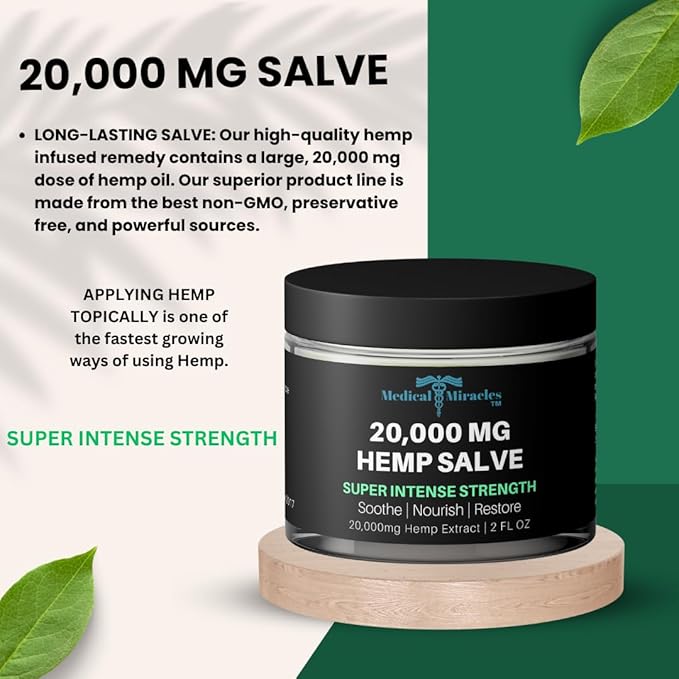 Medical Miracles New Hemp Salve Super Intense Strength 20,000 MG. Ideal for HIPS, Joints, Neck, Back, Elbows, Fingers, Hands, and Knees. 100% Natural - Proudly Made in USA