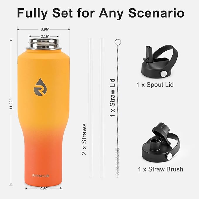 40 oz Insulated Water Bottle with Straw fit in Car Cup Holder, Triple Wall Vacuum Stainless Steel(Cold 48 hrs, Hot 24 hrs), Leakproof & Non-BPA, Hydro Travel Flask with Straw and Spout Lid