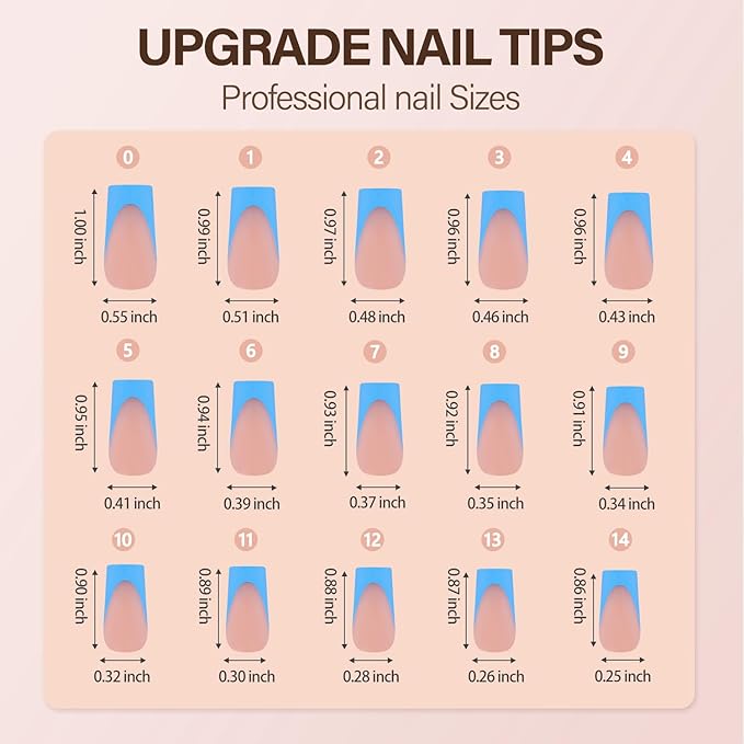 150Pcs French Gel Nail Tips, Vansiho Long Square Nail Tips, Blue Pre-French Tips Press on Nails, Soak Off Soft Gel Acrylic Fake Nails for Nail Art DIY 15 Sizes