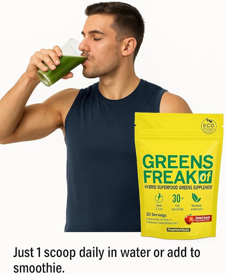 Pharmafreak Greens Freak β Superfood Greens Powder with Spirulina, Chlorella & 30+ Raw Ingredients β Sweet Apple Flavor β Detox, Immunity & Digestion Support β 30 Servings β Eco-Friendly Pouch