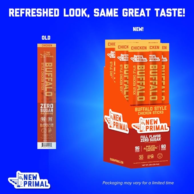 New Primal Buffalo Chicken Sticks, Keto, Gluten Free Healthy Snacks, Sugar Free Low Carb High Protein, Jerky Meat Stick, 9g Protein, 80 Pack