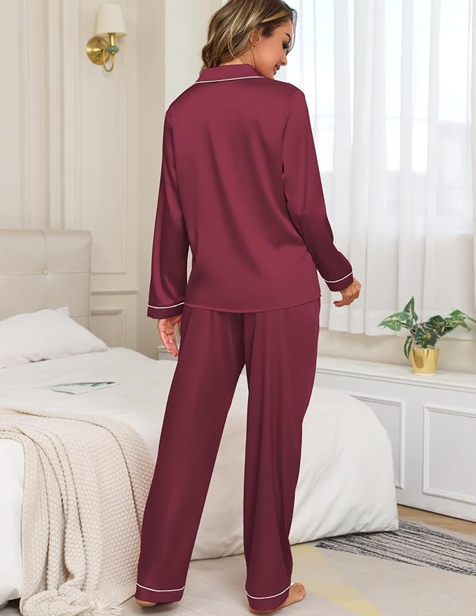 Veseacky Womens Satin Pajama Set Silk Pjs Button Down Long Sleeve Sleepwear Loungewear Sleepwear 2 Piece Pjs Set S-XXL