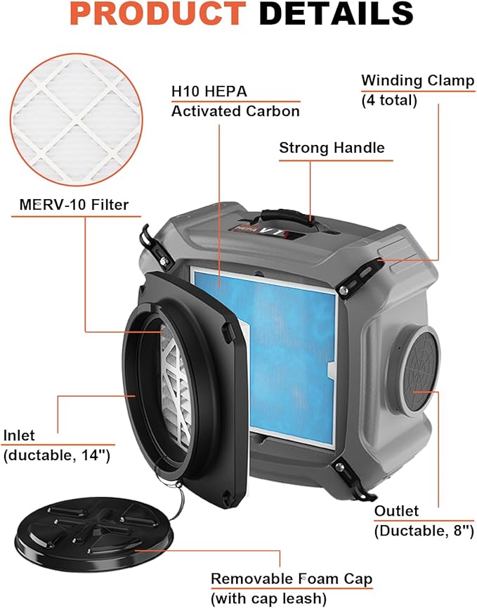 Abestorm Air Scrubber 4 Stage with UV-C Light, HEPA/Activated Carbon Filter, MERV-10 Filter, Industrial Commercial Air Scrubbers Negative Air Machine Cleaner, 550CFM Airflow, V2