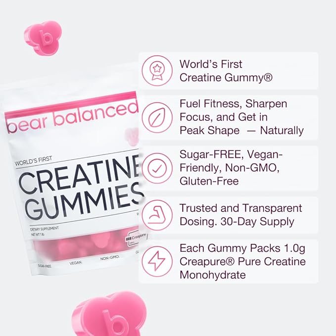 Bear Balanced Creatine Gummies for Men & Women - Creapure® Creatine Monohydrate, L-Theanine, L-Tyrosine & B12 for Muscle Growth, Strength, Focus, Energy & Health - Low Calorie, Sugar-Free, & Vegan