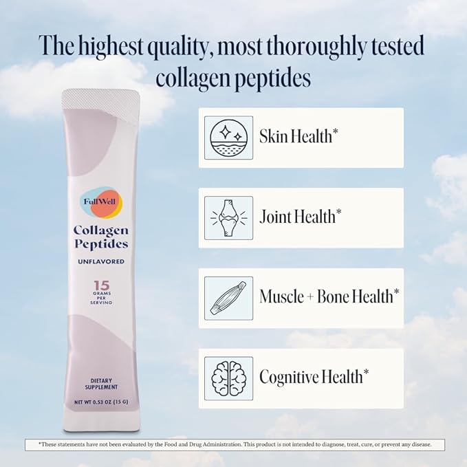 FullWell Hydrolyzed Collagen Peptide Stick Packs, Breastfeeding & Pregnancy Safe Grass-Fed Collagen Travel Packs, 15g Unflavored Collagen, 30 Servings