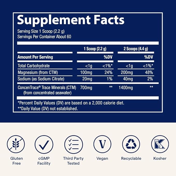 Trace Minerals ConcenTrace Daily Mineral Powder - Supports Energy, Digestion, Bone Health - 70+ Multiminerals Supplement with Ionic Magnesium, Chloride, & Potassium, Sugar-Free (60 Servings)