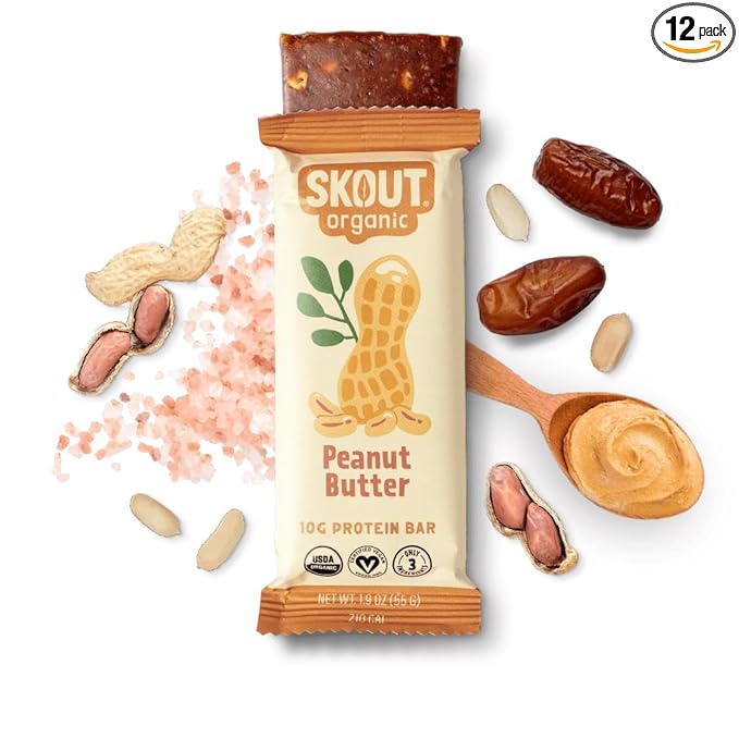 Skout Organic Plant-Based Protein Bars Peanut Butter (12 Pack) – 10g Protein – Vegan Protein Bars – Only 3 Ingredients – Easy Snack – Gluten, Dairy & Soy Free
