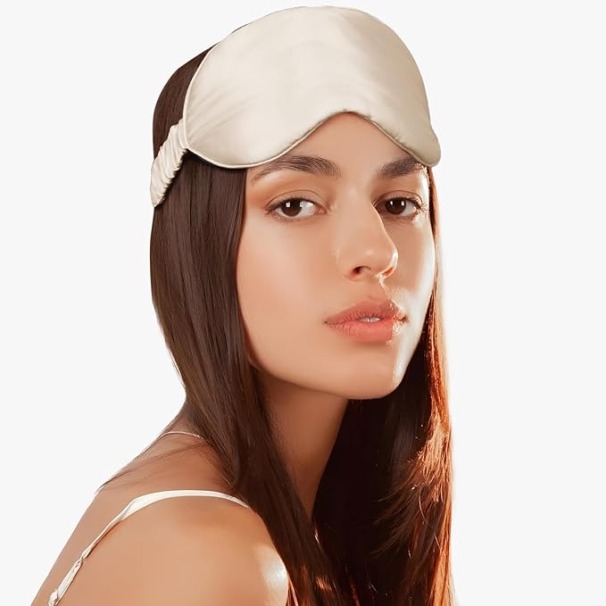 Soft Real Silk Light Blocking Cooling Sleep Eye Mask for Women/Men/Travel/Airplane,Beige