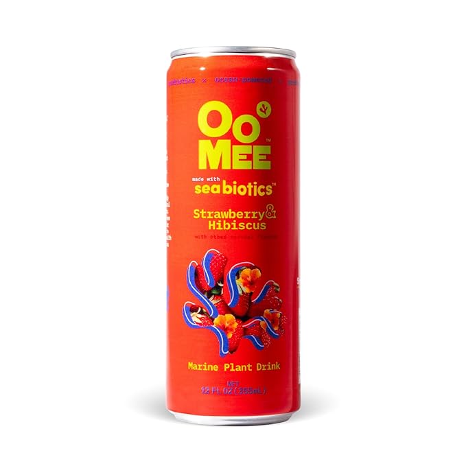 OoMee Prebiotic Drink | Strawberry & Hibiscus | Plant-Based Vegan Beverage with Marine-Sourced Agar Prebiotics (Seabiotics) for Digestive & Gut Health Functional Drink – 12oz Cans, 12-Pack