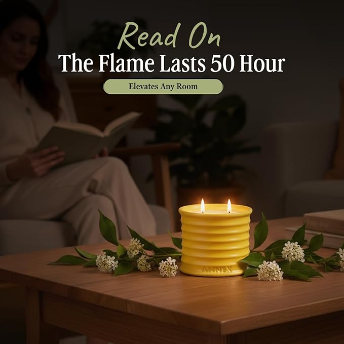 Scented Luxury Candles in Handmade Ceramic Jars, Soy Wax | Flower Bomb โ Lily of The Valley & Jasmine, Large Candle | Non Toxic, 2 Wicks, Reusable Yellow Jar | Natural Spring Aromatherapy for Women