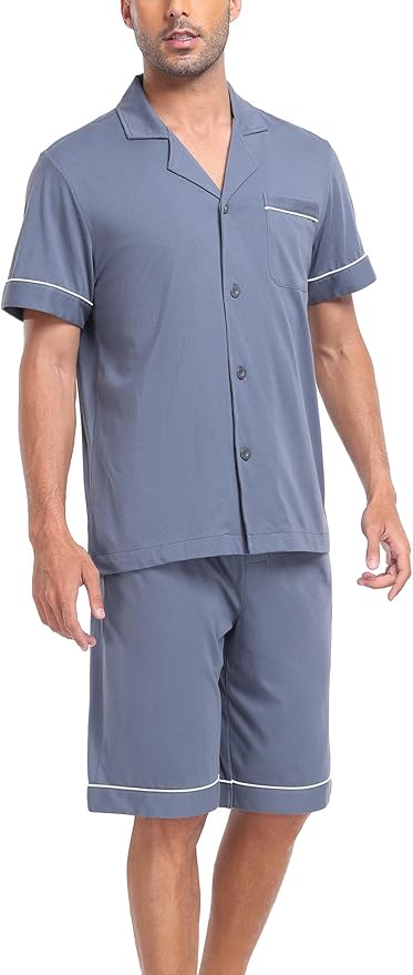 COLORFULLEAF Men's 100% Cotton Short Sleeve Pajama Sets Button Down Notched Collar Sleepwear Soft Lounge Pjs with Pockets