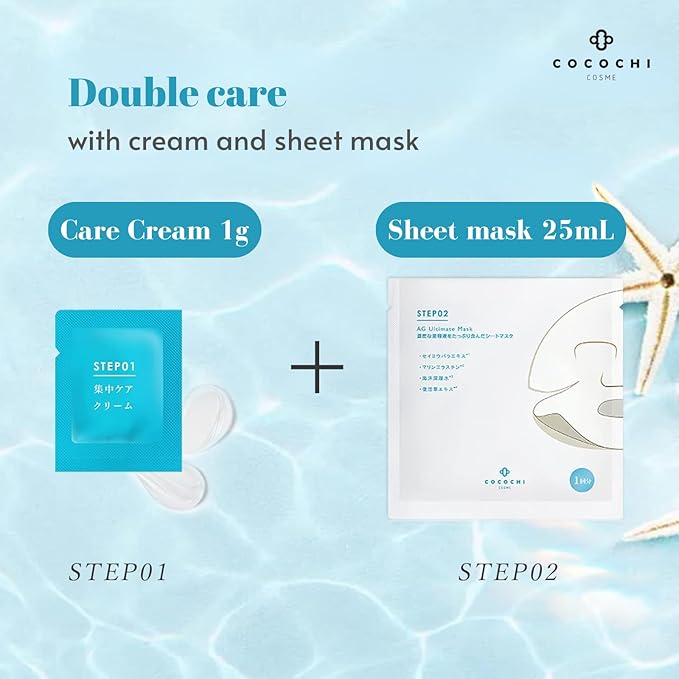 COCOCHI 5 Sheet 2-STEP Facial Mask Sheet for Dry, Sensitive Skin for Women with Vitamin C Serum, Face Sheet Mask by Collagen, Ceramide & Peptide, Hydrating Face Mask from Japan, AG Ultimate OCEAN