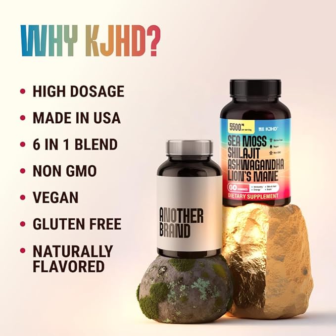 KJHD 2 Pcs Shilajit Ashwagandha Gummies with Sea Moss, Beet Root, Lion’s Mane Mushroom & Black Seed Oil – Organic Herbal Superfood Supplement – 120 Vegan Gummies