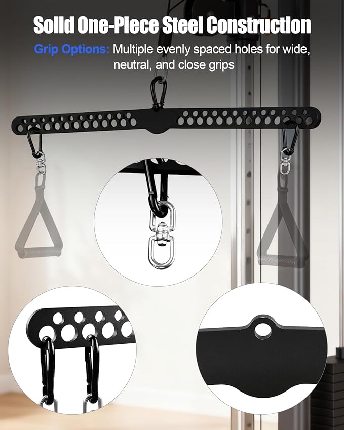 Multi-Grip LAT Pulldown Bar for Home Gym, Lat Pull Down Attachment with Swivel Bearings & Carabiners for Cable Machine Pulley System, Tricep Pushdown, Back Workout, Strength Training