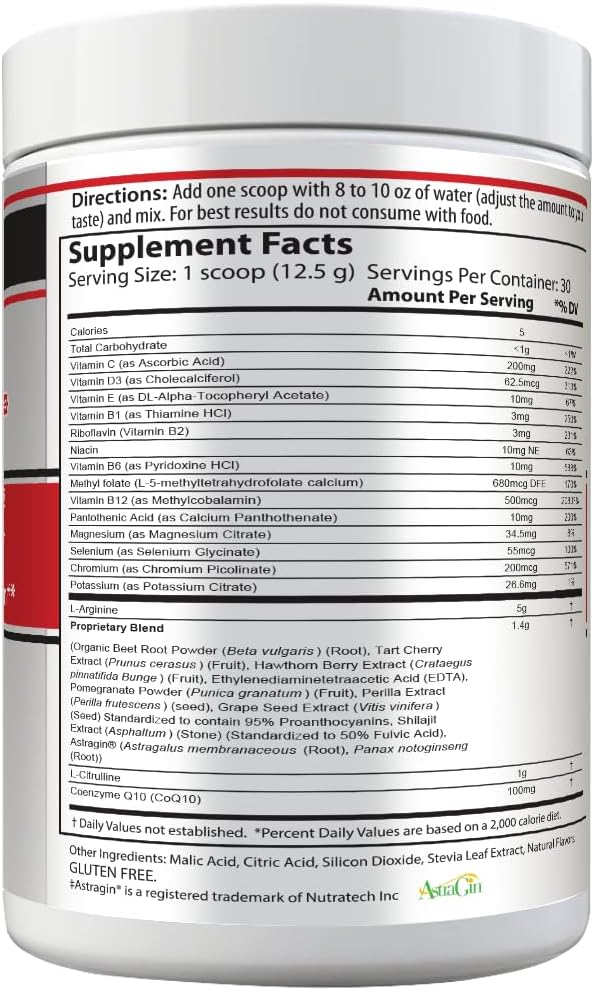 Drink Mix, Cherry, L-Arginine 5000mg, L-Citrulline 1000mg, Vitamins B12, C, D3, Beet Root, 30 Servings, Nitric Oxide Support, Cardiovascular, & Energy Support Supplement (375 Grams)