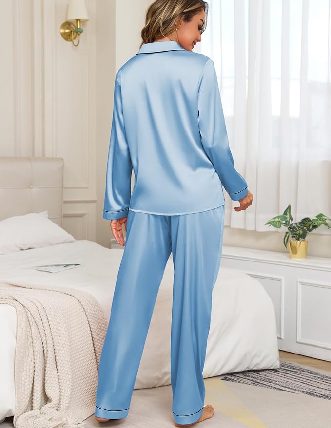 Veseacky Womens Satin Pajama Set Silk Pjs Button Down Long Sleeve Sleepwear Loungewear Sleepwear 2 Piece Pjs Set S-XXL