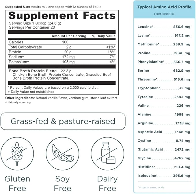 Ancient Nutrition Grass Fed, Cage Free, Bone Broth Protein Powder, 20g Protein, Hydrolyzed Collagen Peptides, Keto & Paleo Friendly, Supports Joint, Gut Health, Vanilla, 20 Servings